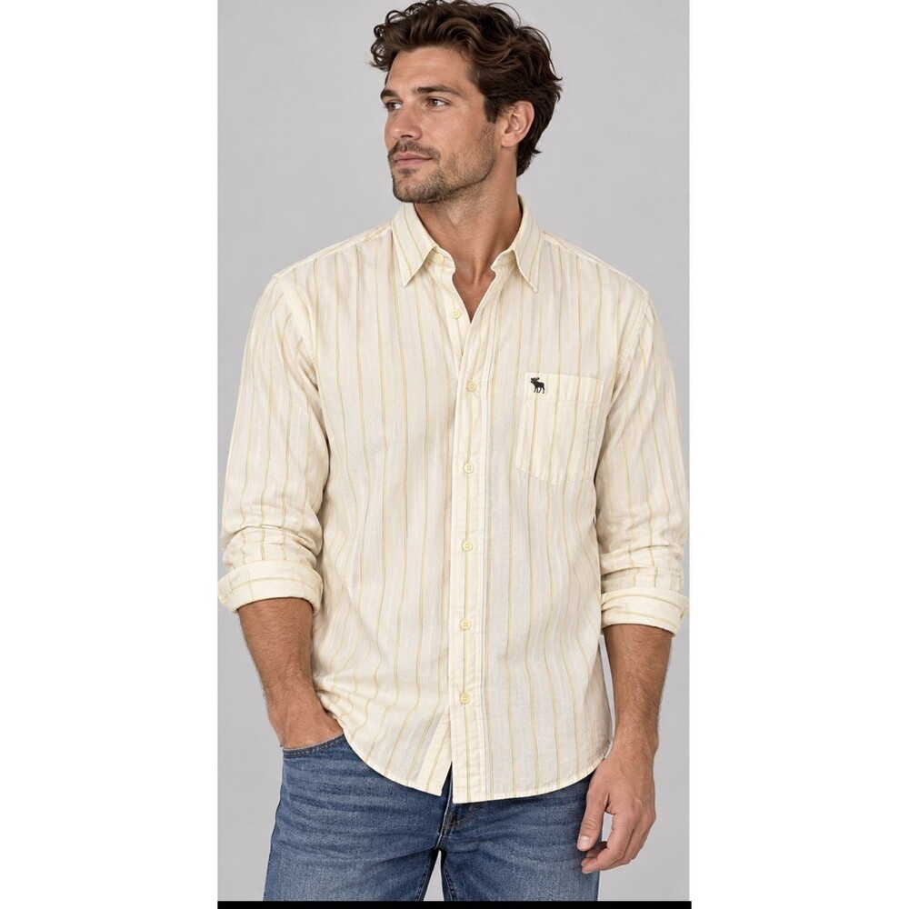 Vintage Y2K Abercrombie & Fitch Men's Muscle Fit Button Down Yellow Stripe XXL